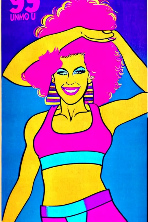 Prompt: 1980s big hair, brightly colored, zumba fitness art poster