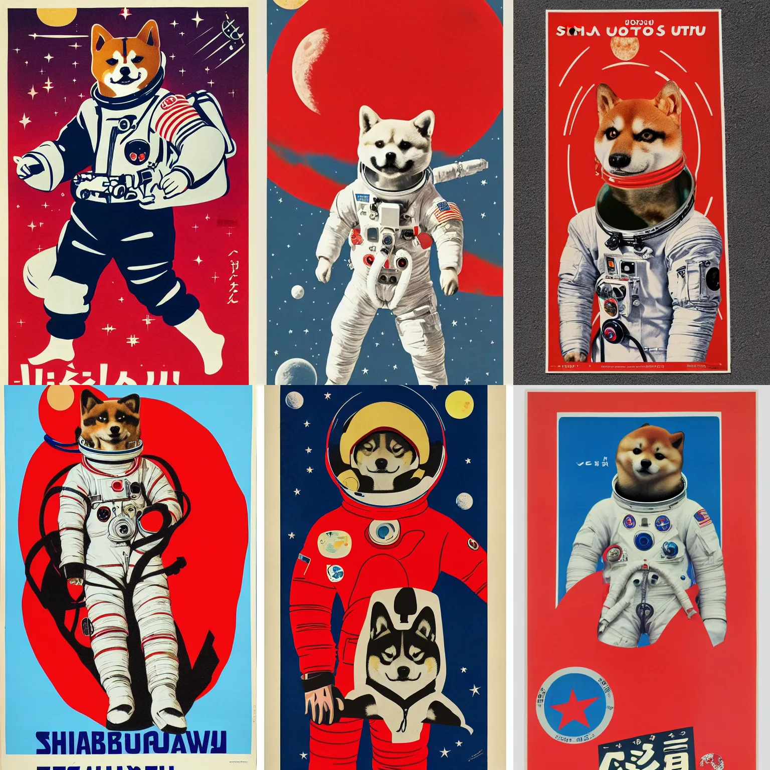 Prompt: Shiba Inu cosmonaut portrait, Red spacesuit,moon mission, 60s poster, 1968 Soviet Japanese