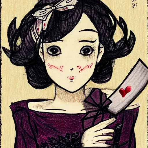 Image similar to a drawing of a woman holding a card, a character portrait by yuumei, featured on pixiv, rococo, tarot card, freakshow, rococo