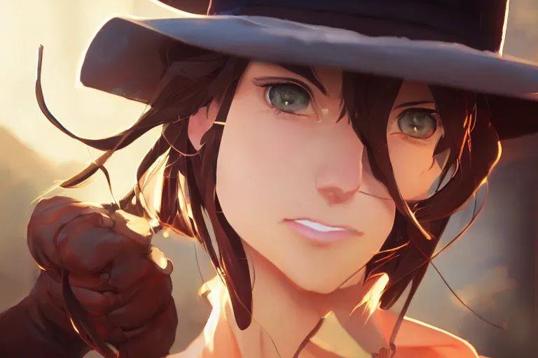 Image similar to western cowgirl smouldering, single centered subject, mid shot, ambient lighting, detailed face, by makoto shinkai, stanley artgerm lau, wlop, rossdraws