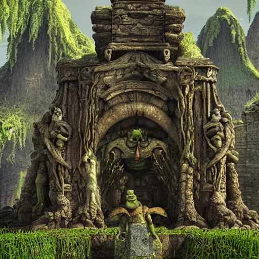 Prompt: an ancient collapsing temple to Shrek discovered deep in the swamps, 4k render, octane, ancient ogre imagery, tribal war god, dark amazonian temple, onion statue, gargoyle-like decorations in the style of Donkey. hyper-detailed, intricate, hallowed swampland