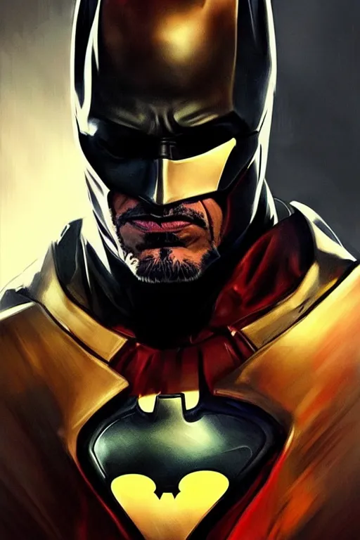 Image similar to robert downey jr as batman, portrait,, highly detailed, digital painting, artstation, concept art, smooth, sharp focus, illustration, cinematic lighting, art by artgerm and greg rutkowski and alphonse mucha