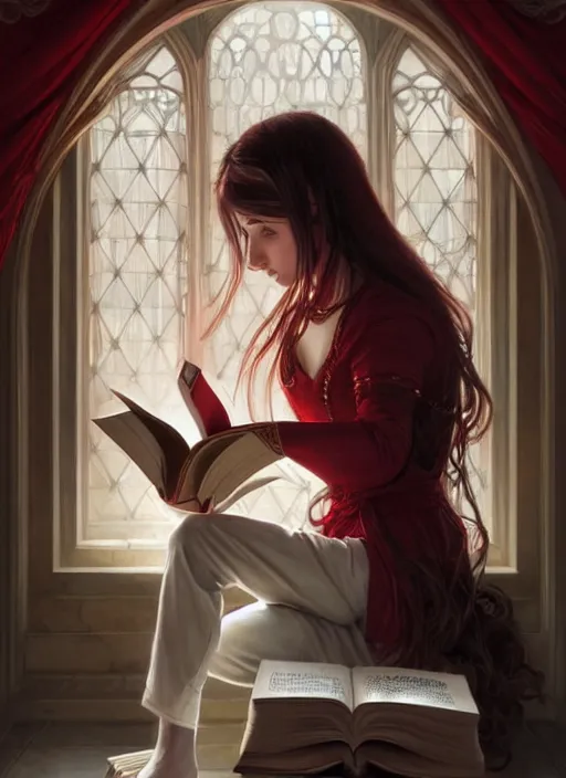 Image similar to perfectly - centered - portrait of a girl reading a book, white long hair with red motives, intricate, highly detailed, digital painting, artstation, concept art, smooth, sharp focus, illustration, unreal engine 5, 8 k, art by artgerm and greg rutkowski and alphonse mucha