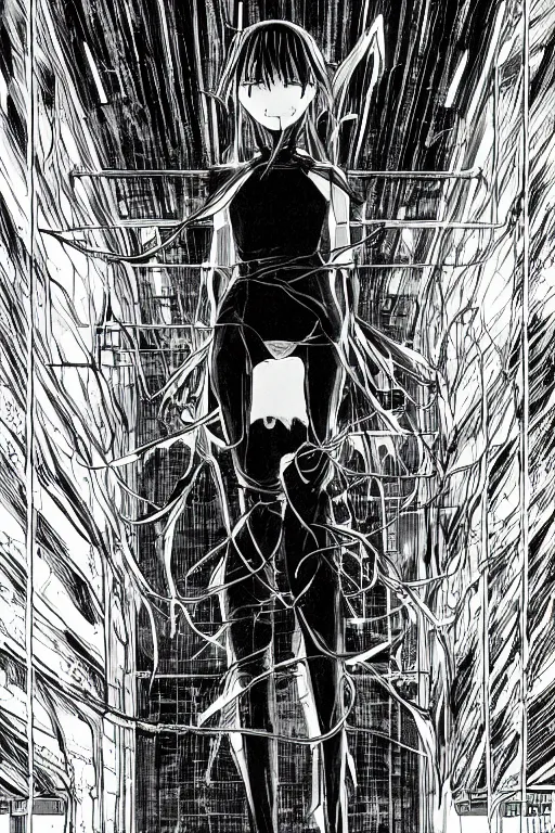 Prompt: beautiful coherent award-winning manga cover art of a mysterious lonely anime woman wearing a plugsuit and traversing an endless concrete hallway, by tsutomu nihei