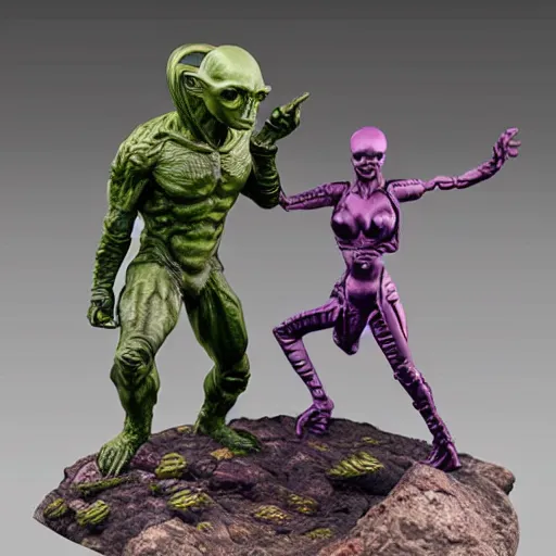 Image similar to 80mm resin detailed miniature of a Alien fighting a Female warrior, Product Introduction Photos