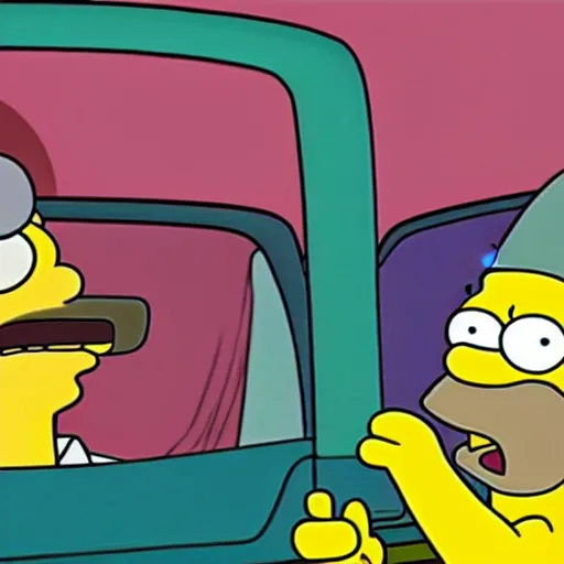 Image similar to homer simpson driving a car. he is holding a green lightsaber