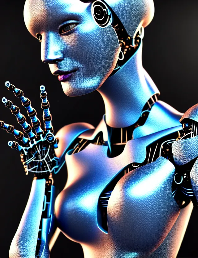 Prompt: complex 3 d robot women, portlet photo, synthwave colors, blue silver and black, fractal veins. cyborg, 1 5 0 mm, beautiful natural soft light, rim light, fractal details, fine lace, mandelbot fractal, anatomical fractal, glass facial muscles, elegant, ultra detailed, metallic armor, octane render