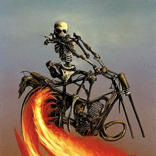 Prompt: Skeleton riding a motocycle with fire behind made by Zdzislaw Beksinski