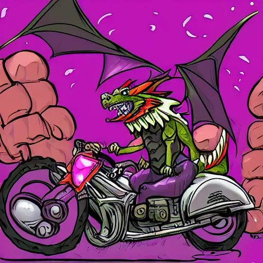 Prompt: a pet dragon, sprites driving motorbikes, and purple magic from a staff