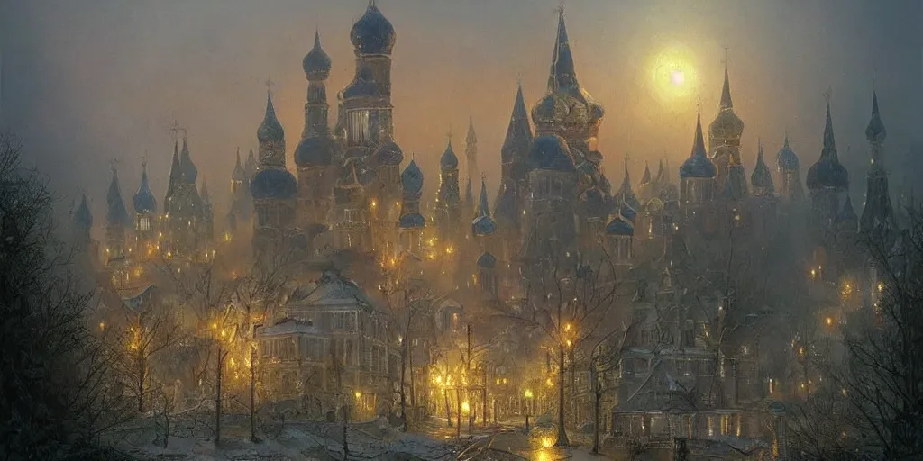 Image similar to Beautiful magical Old Rus city of Kitezh in mist, magic lights, strange buildings, oil painting, concept art, fantasy cityscape, ancient Russian architecture, art by Ted Nasmith and James Gurney, hyperborea, high resolution, trending on artstation