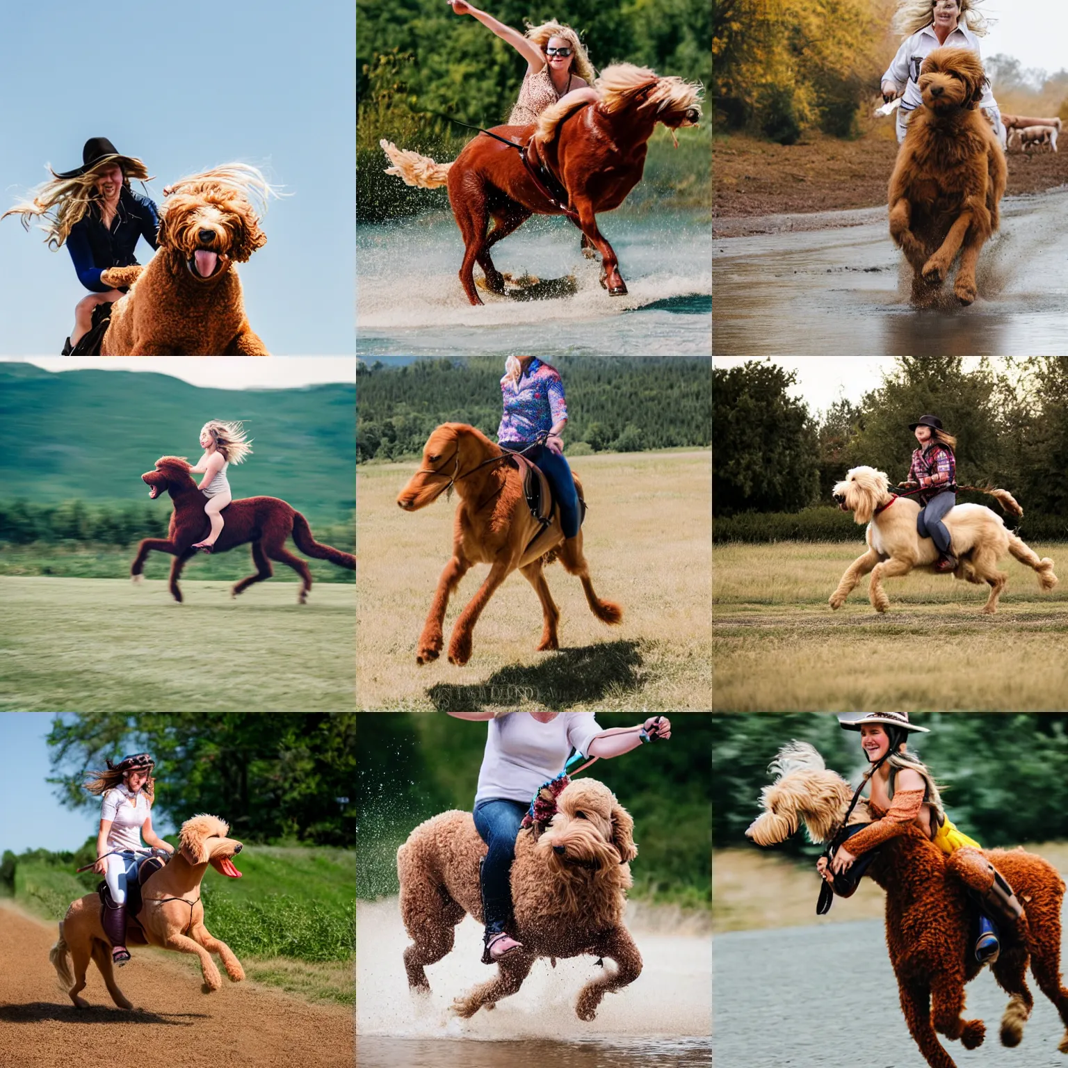 Prompt: action shot of a person riding a blonde labradoodle as a horse, action photography