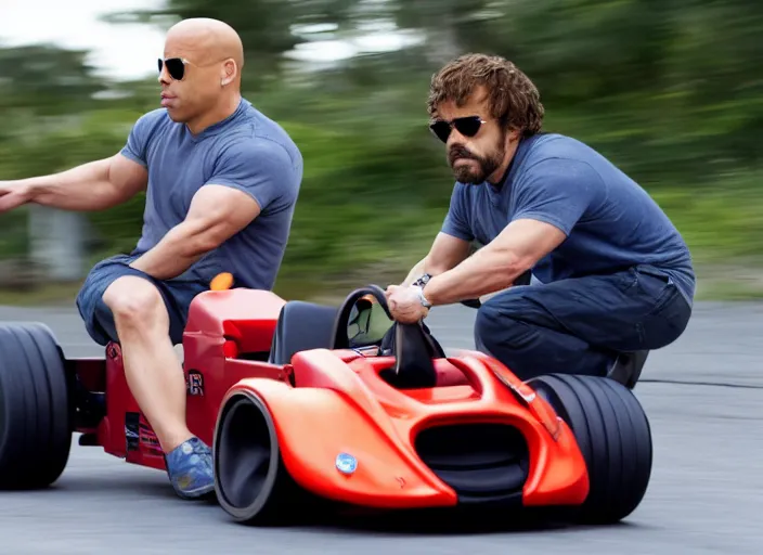 Image similar to peter dinklage drag racing vin diesel driving a little tikes cozy coupe, movie still, from the new tokyo drift movie, 8 k, realistic