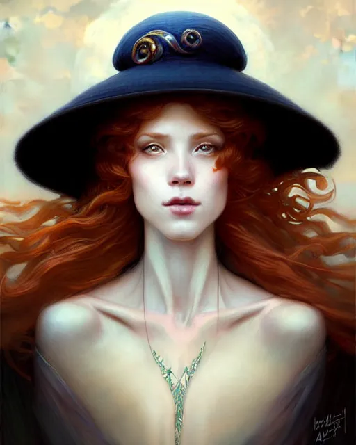 Image similar to Beautiful and playful ethereal ginger portrait, art nouveau, fantasy, with a hat made of clouds , elegant, highly detailed, sharp focus, art by Artgerm and Greg Rutkowski and WLOP