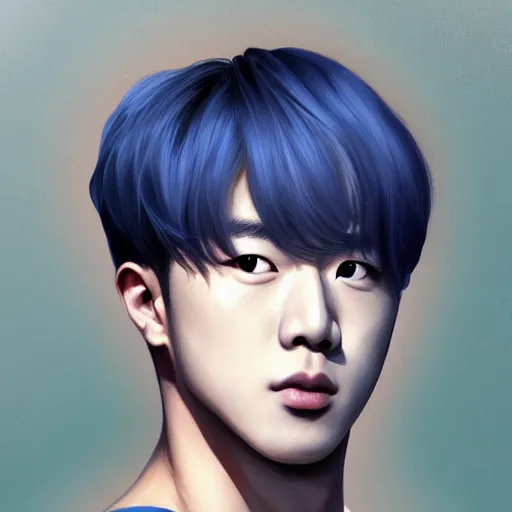 Image similar to wide angle full body portrait of Park Jimin of BTS, with a perfect face and perfect body, thin waist, plump lips, intricate, single face, wearing greek Palla, ethereal, men fall for him, short blonde hair, blue eyes, hunter eyes, highly detailed, digital painting, artstation, concept art, smooth, sharp focus, illustration, Unreal Engine 5, 8K, art by artgerm and greg rutkowski and alphonse mucha