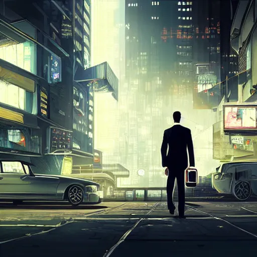 Image similar to portrait of a businessman handing the viewer a briefcase, detailed digital illustration by greg rutkowski, cyberpunk back alley, nighttime