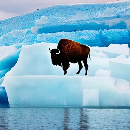 Image similar to photo of a bison on an iceberg in the ocean with peppermint candy sticking out of the sides of the iceberg, 5 0 mm, beautiful photo