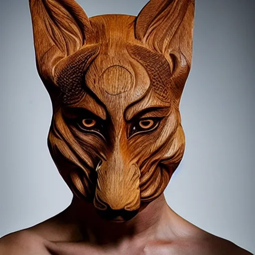 Prompt: a portrait of a beautiful persian male wearing a kitsune mask carved in wood by iris van herpen,