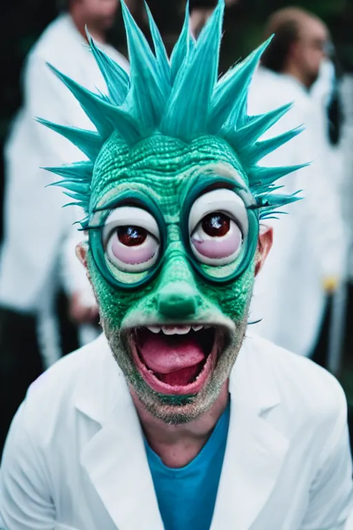 Image similar to real life pickle rick with white labcoat and blue spiky hair, zeiss lens, photography