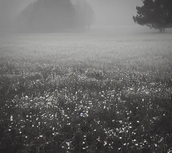 Prompt: black box on the field flowers, by Andrei Tarkovsky, mist, forest, lomography effect, photo, monochrome, photo blurring, 35mm