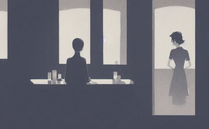 Image similar to an emotional mysterious dimly lit dinner scene illustration by atey ghailan and escher and edward hopper, japanese surreal