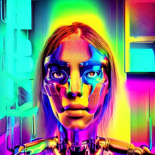 Image similar to chromatic 3d ultra realistic cyborg woman in psychedellic mirror environment digital art in synthwave style
