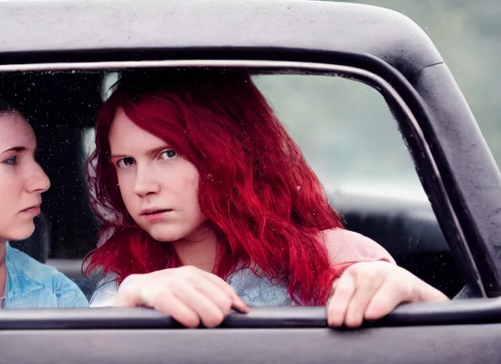 Image similar to A very high resolution image from a new movie, inside of a car, teen red hair woman, raining, hot, directed by wes anderson