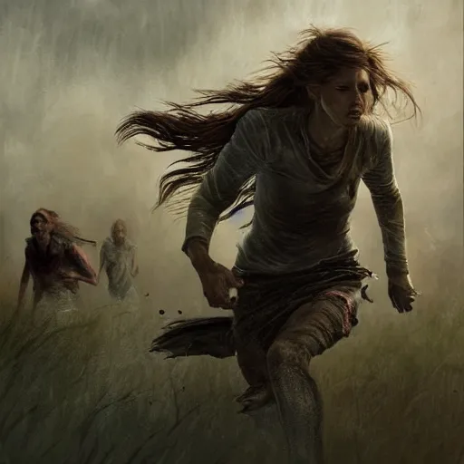 Image similar to epic portrait Two survivors running away from a zombie chase, apocalypic backround, atmospheric, digital painting, artstation, concept art, soft light, hdri, smooth, sharp focus, illustration, fantasy, intricate, elegant, highly detailed, D&D, matte painting, in the style of Greg Rutkowski and Alphonse Mucha and artemisia, 8k, highly detailed, jurgens, rutkowski, bouguereau, pastoral, rustic, georgic