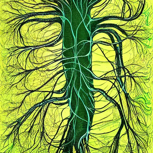 Image similar to nervous system immersed in green liquid, illustration, abstract painting