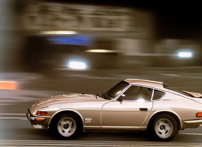 Prompt: Datsun 240Z Fairlady Z 1973 racing down high way night time japan film photo motion blur front side view ((((Wadim Kashin Wenjun Lin))))