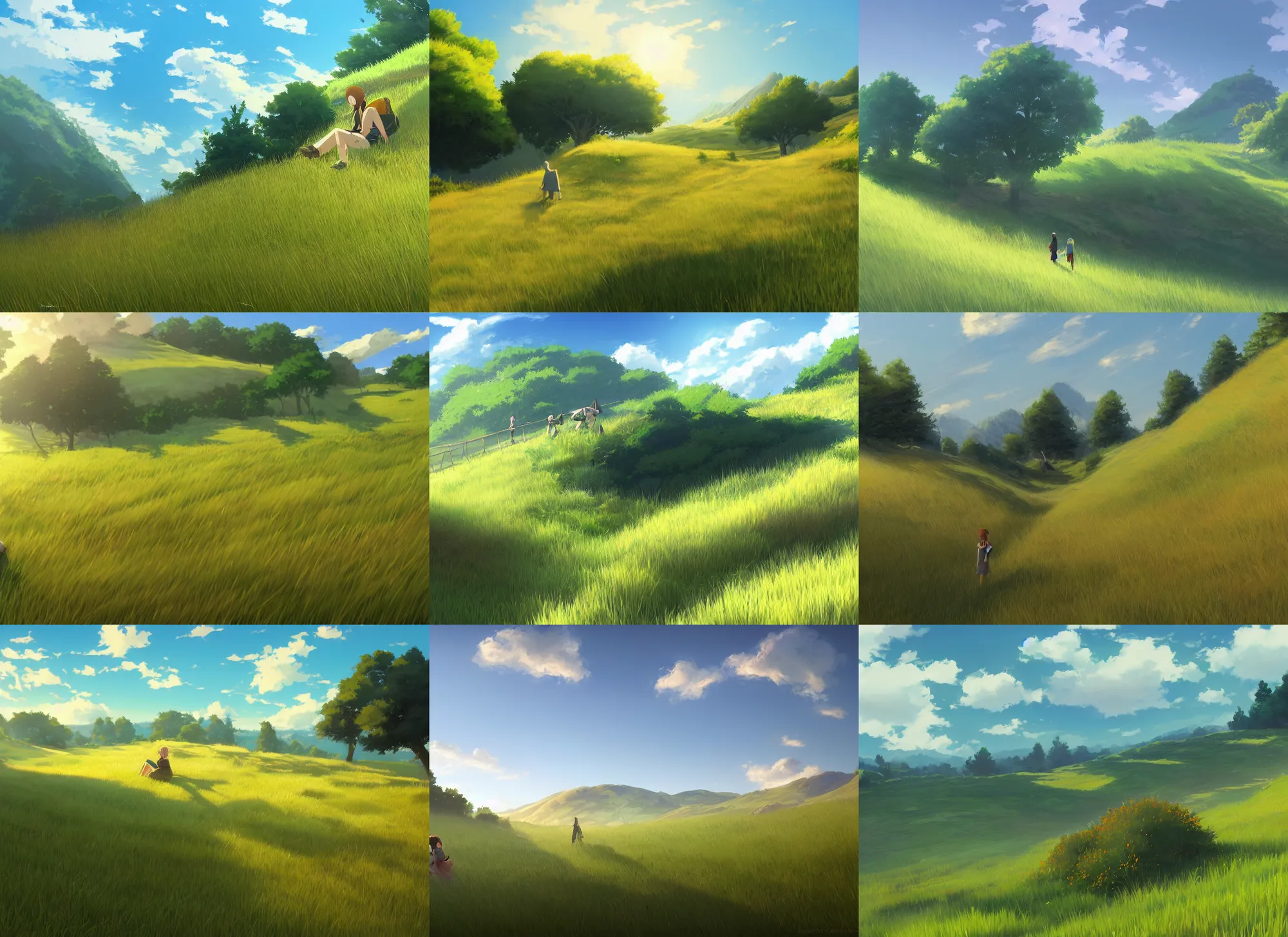 Prompt: rolling sunny grassy hills, a fantasy digital painting by makoto shinkai, trending on artstation, highly detailed