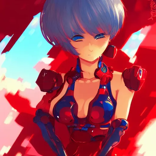 Image similar to digital anime art, cute girl, red mech arms and red mech legs, blue watery eyes!!!, gold short hair!!!, red bikini, full body!!!, wlop, rossdraws