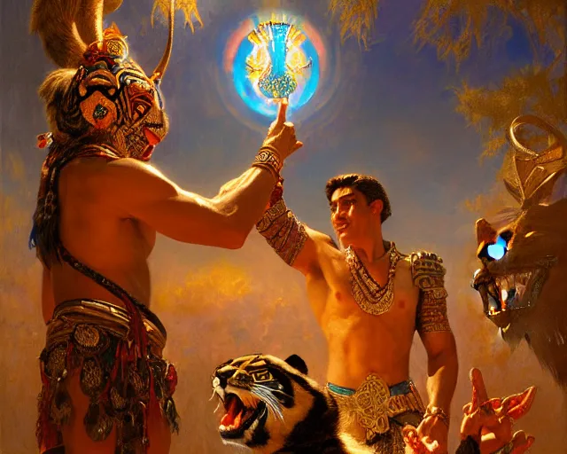 Image similar to attractive male aztec deity, casting aztec magic, summoning handsome panther night star. highly detailed painting by gaston bussiere, craig mullins, j. c. leyendecker 8 k