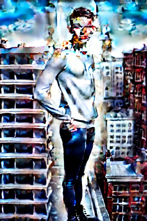 Image similar to un ultra high definition studio quality photographic art portrait of a young man standing on the rooftop of a british apartment building wearing soft padded silver pearlescent clothing. three point light. extremely detailed. golden ratio, ray tracing, volumetric light, shallow depth of field. set dressed.