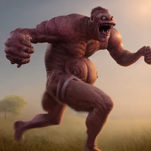 Image similar to HD, strange stock photo of a cyclops monster running a marathon, CGsociety, 3dcg, trending on ArtstationHD, artstation, highly detailed, rendered image