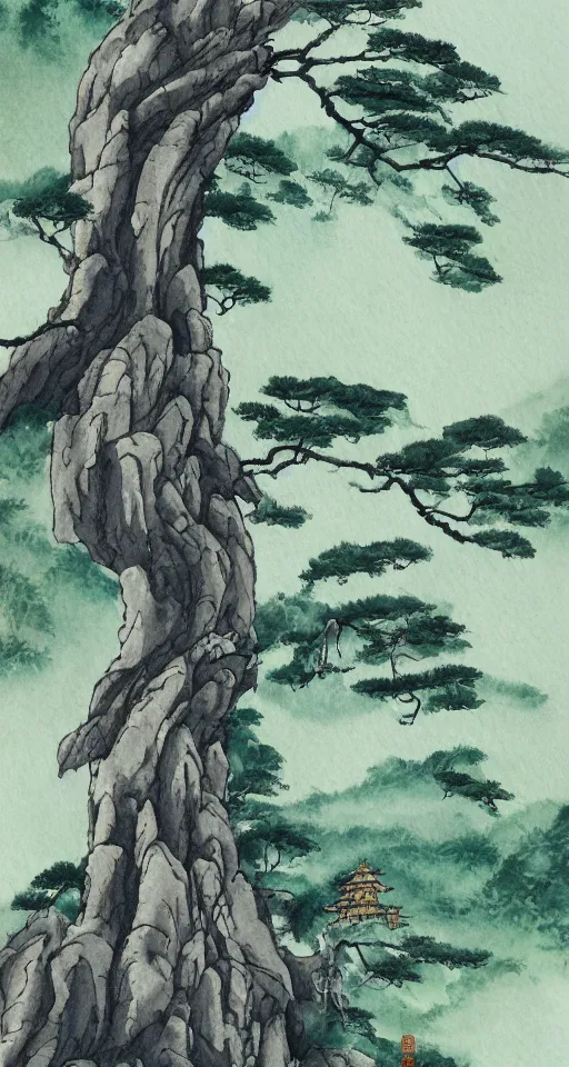 Prompt: huangshan mountain, illustration, kung fu panda, higashiyama kaii - sankyo, watercolor painting, magical, tree greeting