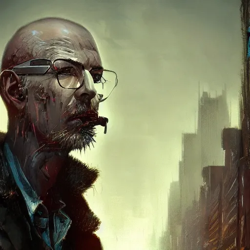 Image similar to cyberpunk, closeup portrait of a shaggy old cyberpunk fence, crooked teeth, bald, tired eyes, tattered tweed jacket, dramatic light, city background, sunset, dystopian setting, high contrast, sharp, neuromancer, the finn, painted by stanley lau, painted by greg rutkowski, painted by stanley artgerm, digital art, trending on artstation