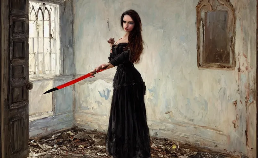 Image similar to Gothic girl holding a knife and standing on an abandoned hospital room. By Konstantin Razumov, highly detailded