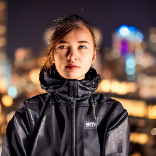 Image similar to photographic portrait of a techwear woman, closeup, on the rooftop of a futuristic city at night, sigma 85mm f/1.4, 4k, depth of field, high resolution, 4k, 8k, hd, full color