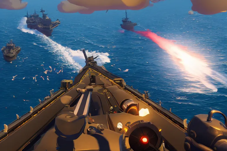 Prompt: Gameplay screenshot of an aircraft carrier!!! in Sea of Thieves!!! with jets bombing!!! a galleon, Unreal Engine