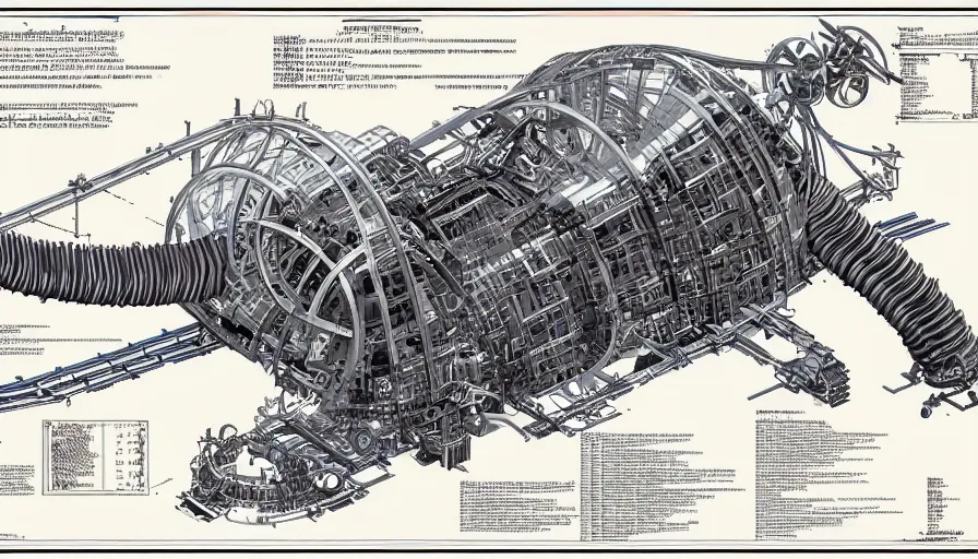 Image similar to a full page of a mechanical blueprint showing a cutaway design for a mechanized brontosaurus from howl's moving castle ( 2 0 0 4 ), with people inside piloting it, muted colors, post grunge, studio ghibli, hq