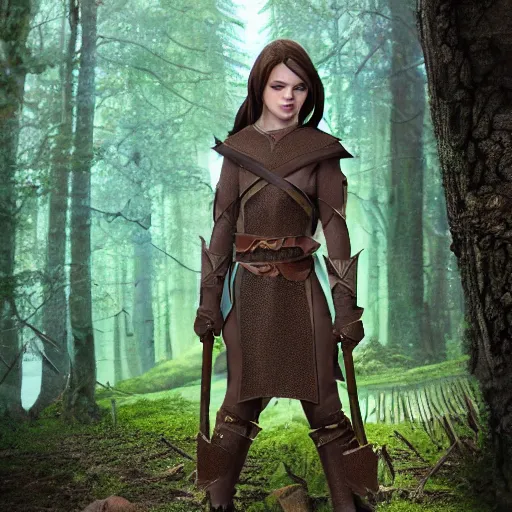 Prompt: anya charlota as a medieval fantasy wood elf, dark brown hair tucked behind ears, wearing a green tunic with a fur lined collar and brown leather armor, stocky, muscular build, scar across nose, one black, scaled arm, wielding a battleaxe, cinematic, character art, digital art, forest background, realistic. 4 k