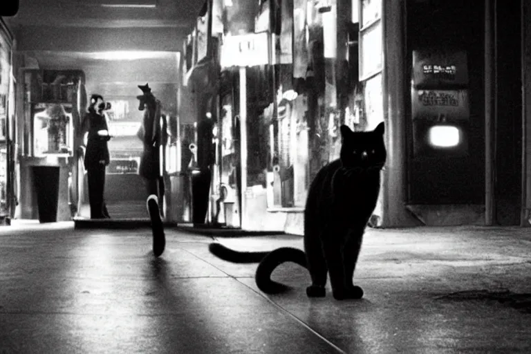 Prompt: film noir film still of a genetically modified anthropomorphic cat detective. neo - noir. directed by ridley scott. neon.