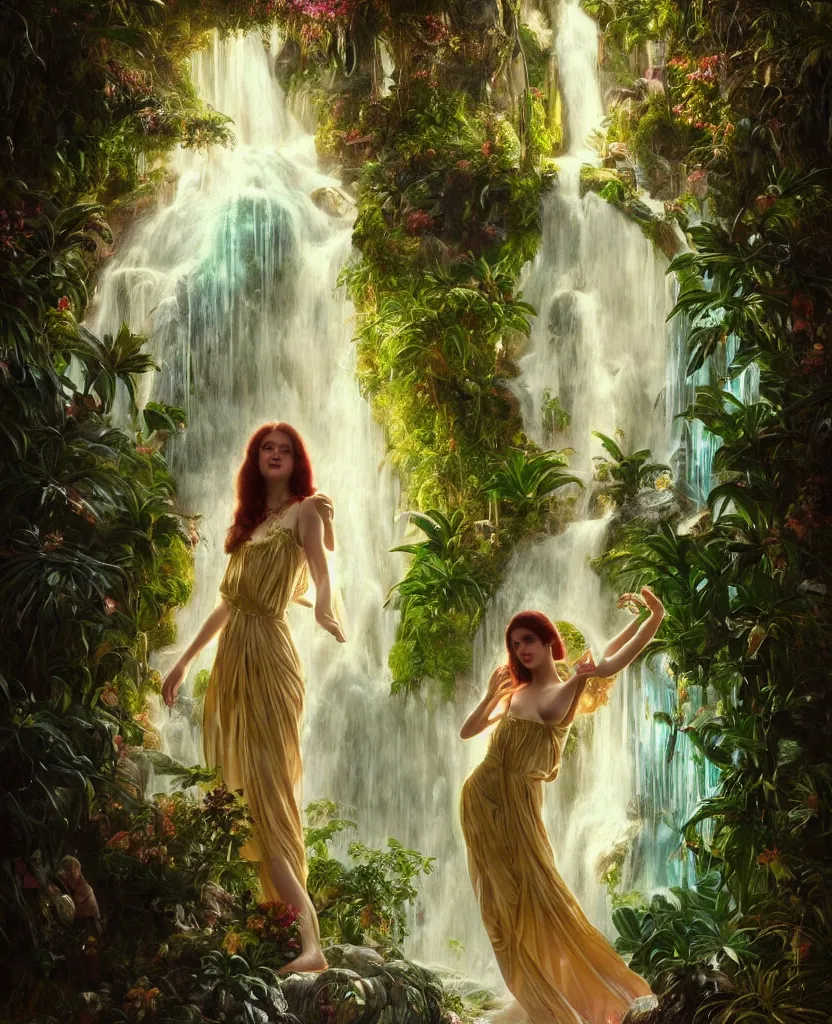 Image similar to hyper realistic photographer looking through a vintage medium format camera, magic pouring from lens, fantasy castle, full body waterfall dress, design on white background, beautiful details, lush foliage cyberpunk, gold, drawn by john singer sargent, tom bagshaw, norman rockwell, alphonso mucha, lolish, trending on artstation