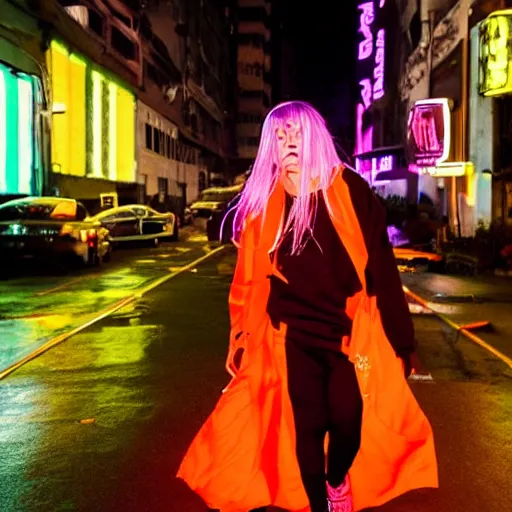 Image similar to billie eilish in the street, explosion of neon lights