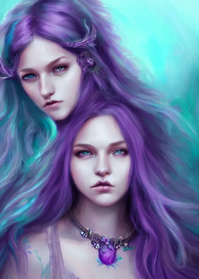 Prompt: fae teenage girl, portrait, face, long turquoise hair, purple highlights, fantasy, intricate, elegant, highly detailed, digital painting, concept art, smooth