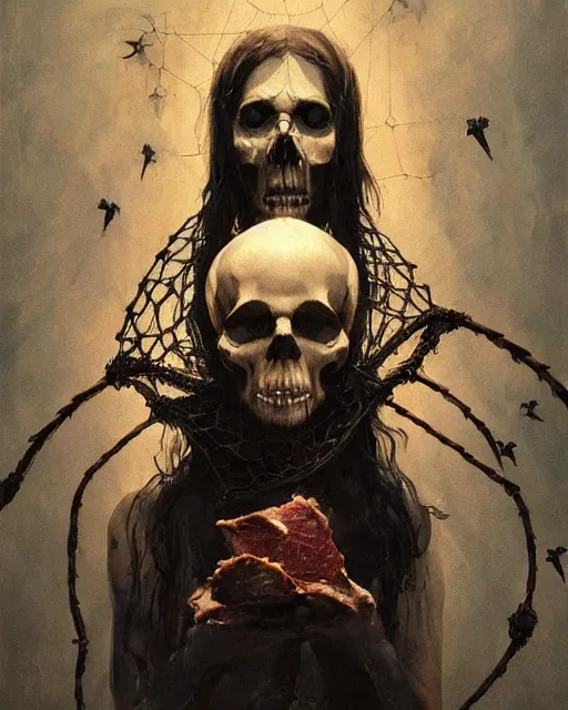 Prompt: an angel with a skull made of meat and webs for the head, organic painting, dark, bold shapes, by greg rutkowski, by satoshi kon, trending on artstation, dramatic lighting