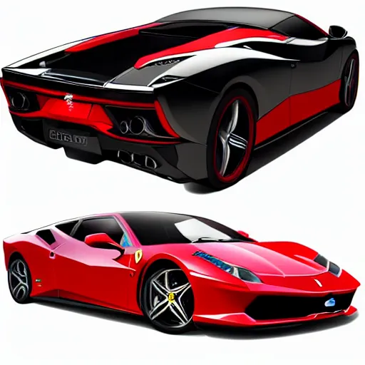 Prompt: realistic photographie lamborgini luxury mix with ferrari inside platique toy box