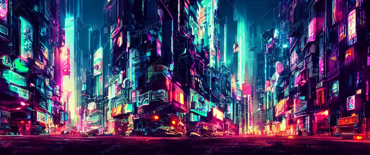 Prompt: an explosion in a glowing neon cyberpunk city at night , cinematic atmosphere, establishing shot