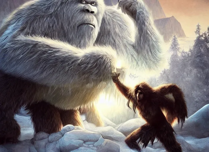 Image similar to giant yeti monster attacking eskimos, digital painting, matte, sharp focus, dramatic, full moon, digital illustration art by artgerm and greg rutkowski and alphonse mucha