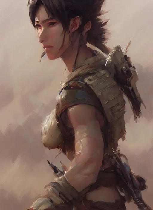 Image similar to portrait of desert warrior by krenz cushart, detailed face, close - up, fantasy, oil painting, featured on pixiv, highly detailed, elegant, sharp focus